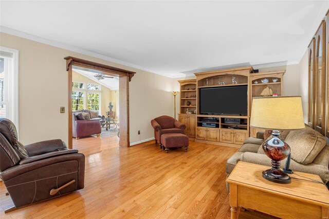 living room featuring ornamental molding, vaulted ceiling, and light wood-type flooring