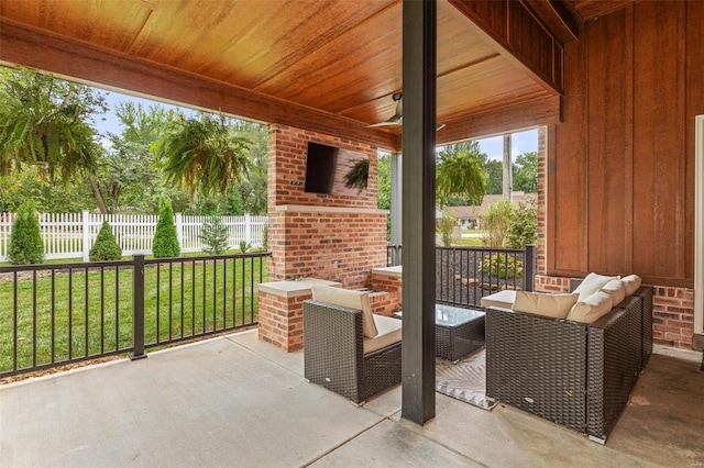 view of patio / terrace with an outdoor brick fireplace