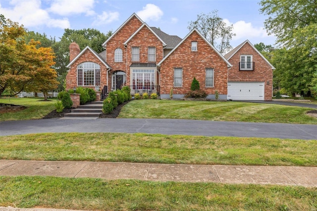 view of front facade with a front yard and a garage