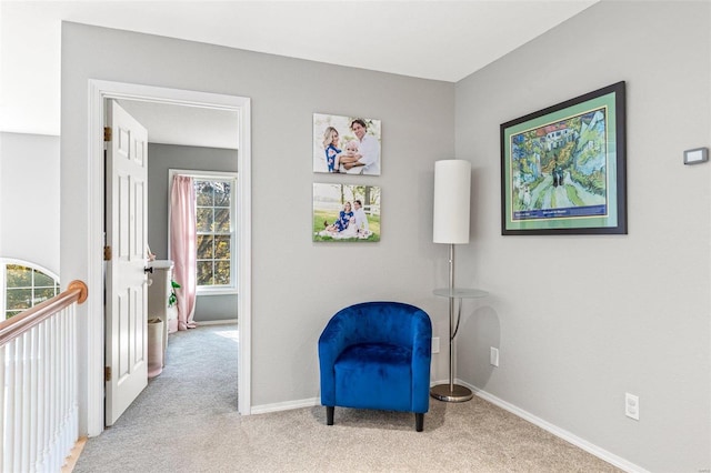 living area featuring light colored carpet