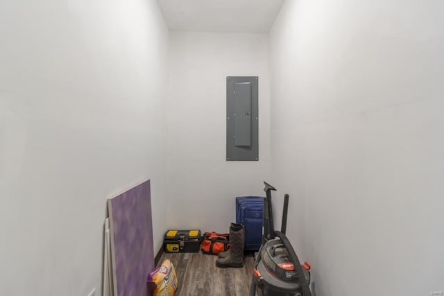 interior space featuring electric panel and hardwood / wood-style flooring