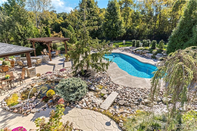 view of pool with a gazebo, a pergola, and a patio