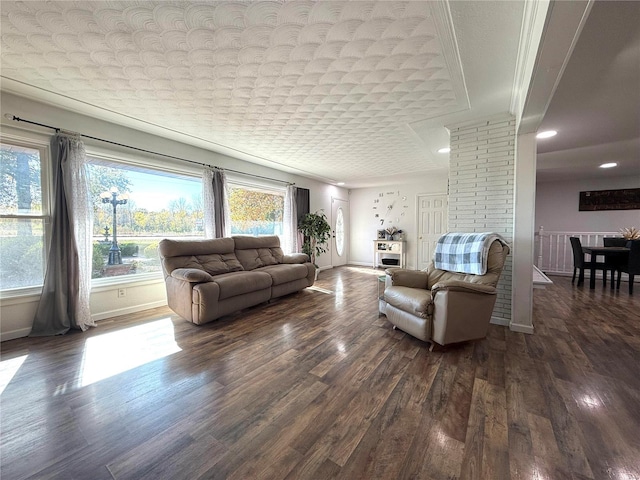 living room featuring decorative columns and dark hardwood / wood-style floors