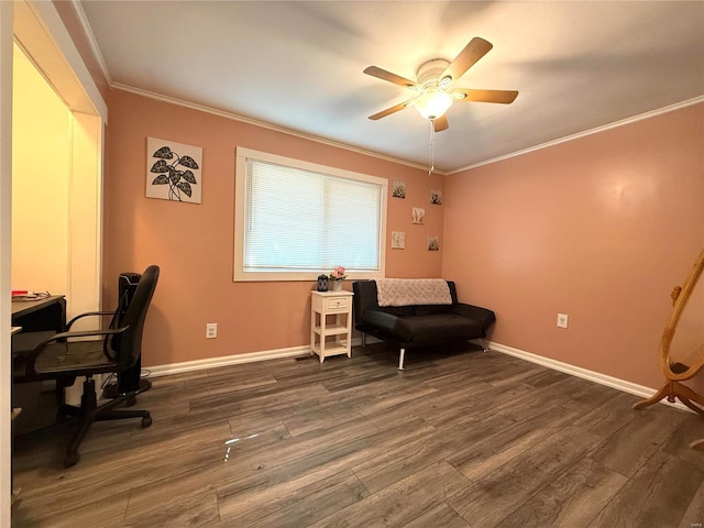 office area with ceiling fan, dark hardwood / wood-style flooring, and ornamental molding