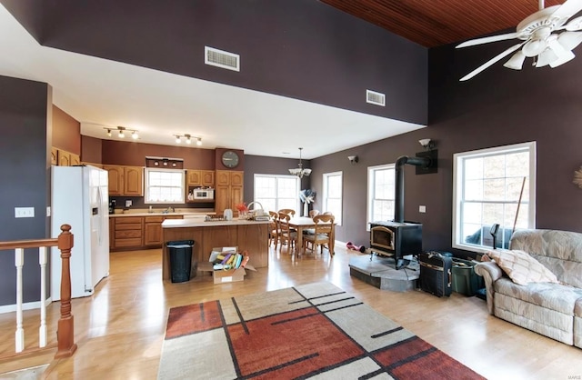 living room featuring light hardwood / wood-style flooring, ceiling fan, a healthy amount of sunlight, and a wood stove