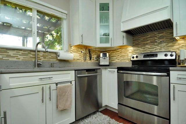 kitchen featuring stainless steel appliances, decorative backsplash, custom exhaust hood, and white cabinets