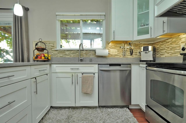 kitchen with appliances with stainless steel finishes, white cabinetry, a healthy amount of sunlight, and custom range hood