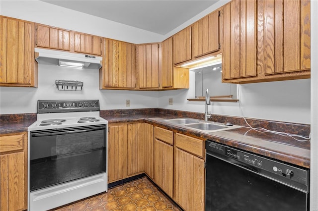 kitchen featuring dark tile patterned floors, black dishwasher, white electric range oven, and sink