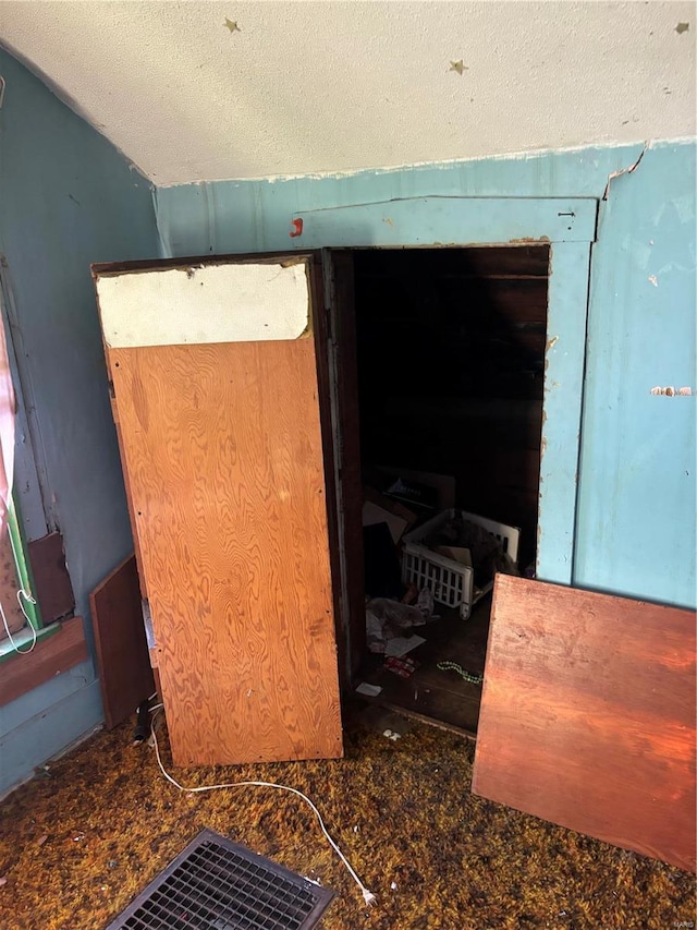 miscellaneous room with lofted ceiling and a textured ceiling