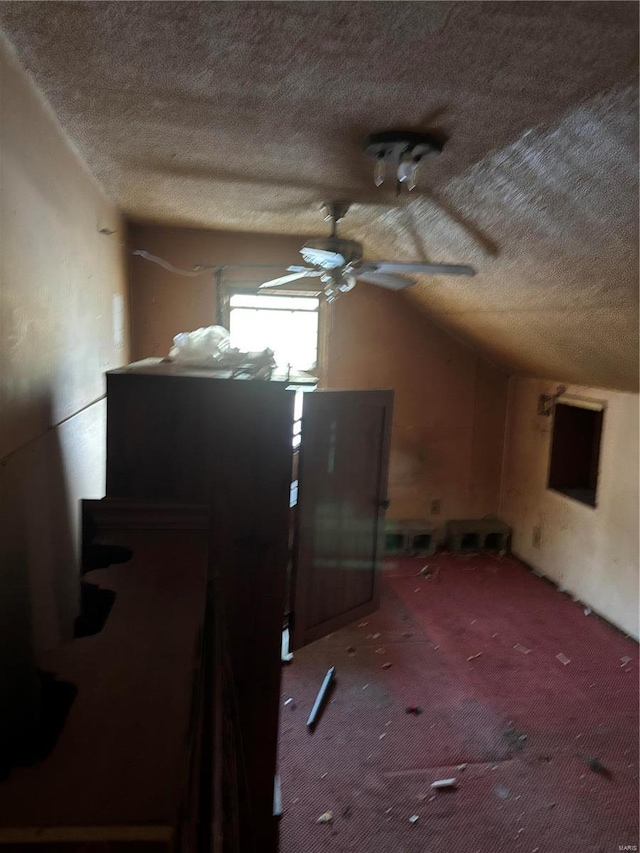 additional living space with ceiling fan, vaulted ceiling, and a textured ceiling