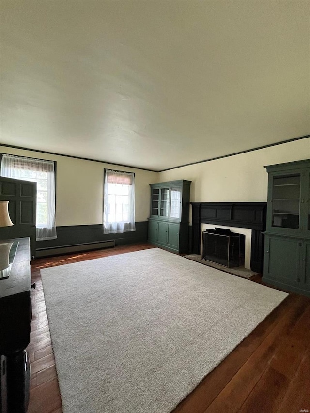 living room featuring baseboard heating and dark hardwood / wood-style floors