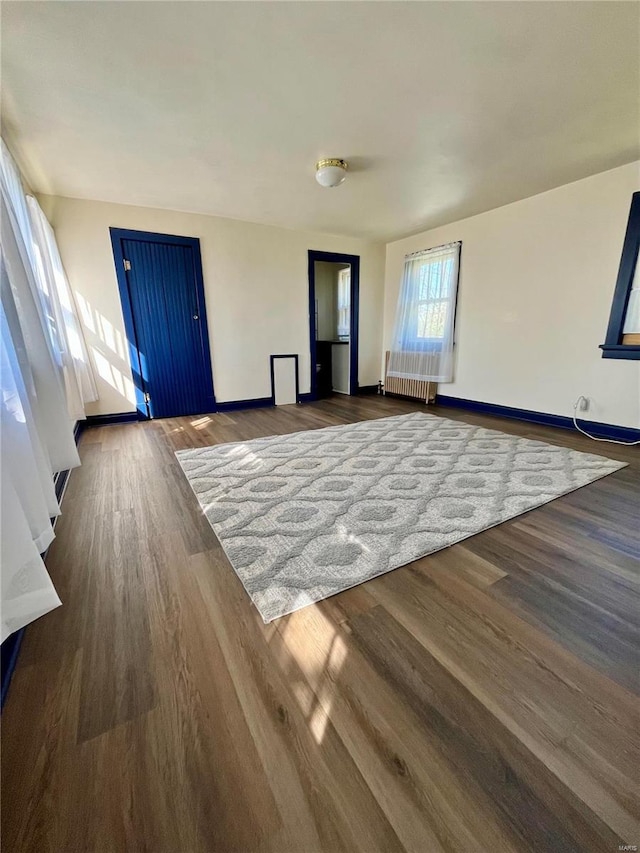 foyer featuring dark hardwood / wood-style flooring and radiator heating unit