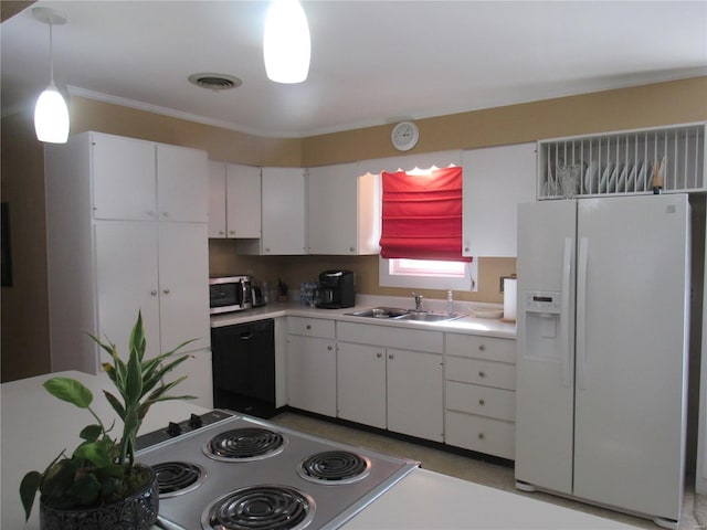 kitchen featuring white cabinets, hanging light fixtures, ornamental molding, sink, and white appliances