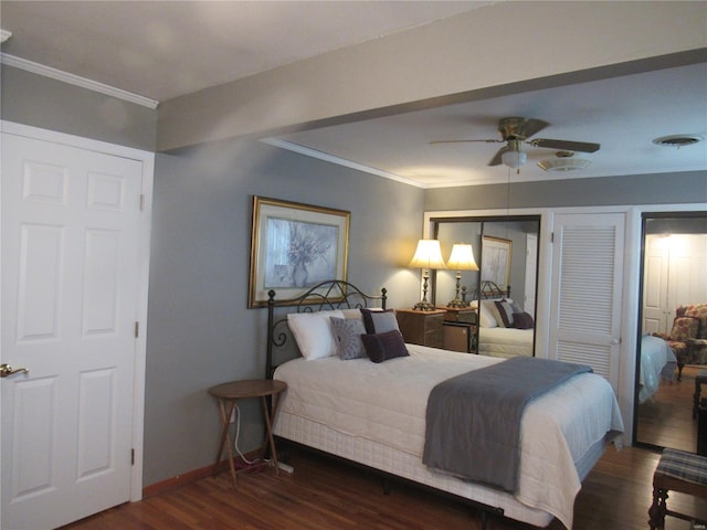 bedroom featuring multiple closets, crown molding, dark hardwood / wood-style floors, and ceiling fan