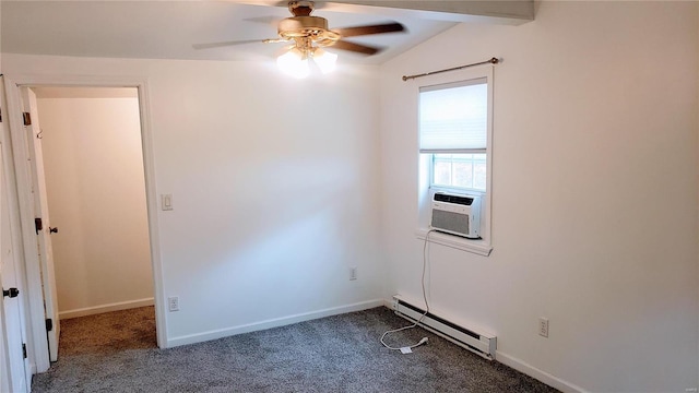 carpeted empty room featuring ceiling fan, lofted ceiling with beams, cooling unit, and baseboard heating