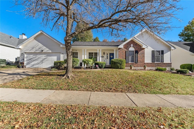 single story home featuring a front lawn and a garage