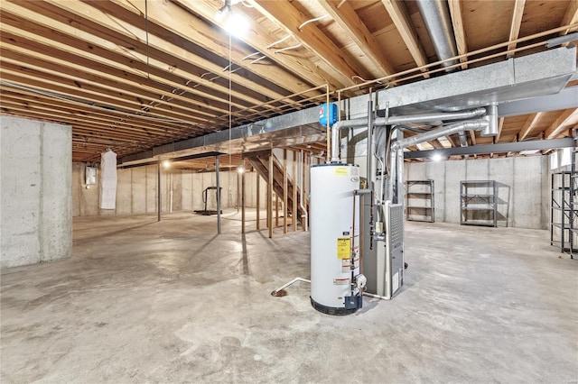 basement with gas water heater and heating unit