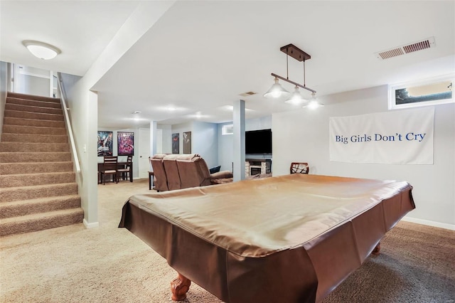 recreation room featuring pool table and carpet flooring