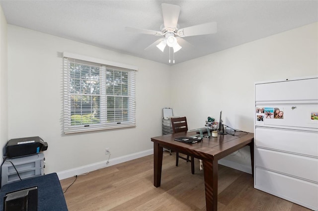 home office with light hardwood / wood-style flooring, a textured ceiling, and ceiling fan