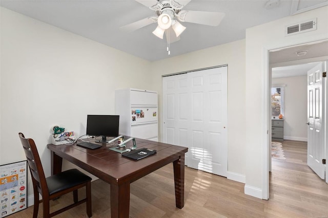 office featuring ceiling fan and light hardwood / wood-style flooring