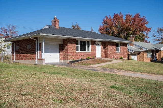 single story home featuring a front yard and a garage