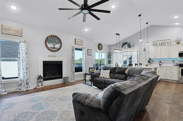 living room with dark hardwood / wood-style floors, ceiling fan, and vaulted ceiling