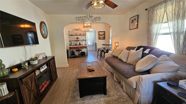 living room featuring hardwood / wood-style floors and ceiling fan