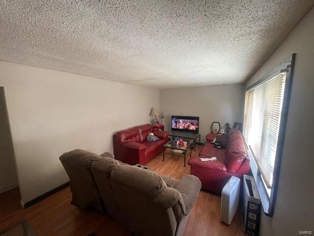 living room featuring hardwood / wood-style floors and a textured ceiling