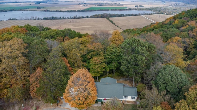 drone / aerial view featuring a water view and a rural view