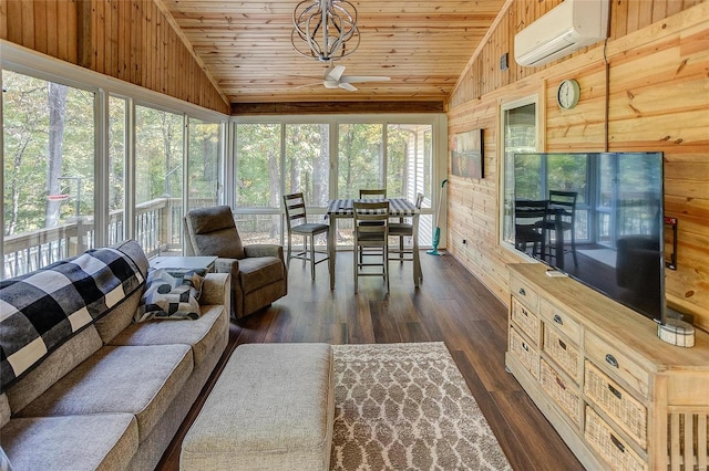 living room with wood ceiling, wood walls, and lofted ceiling