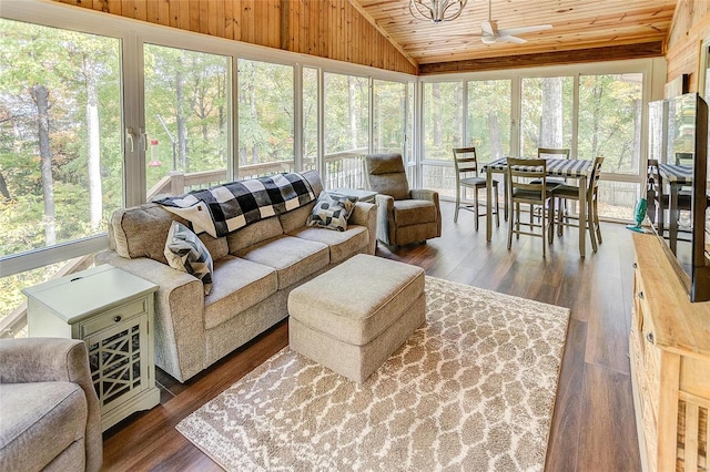 sunroom / solarium featuring ceiling fan, lofted ceiling, and wood ceiling