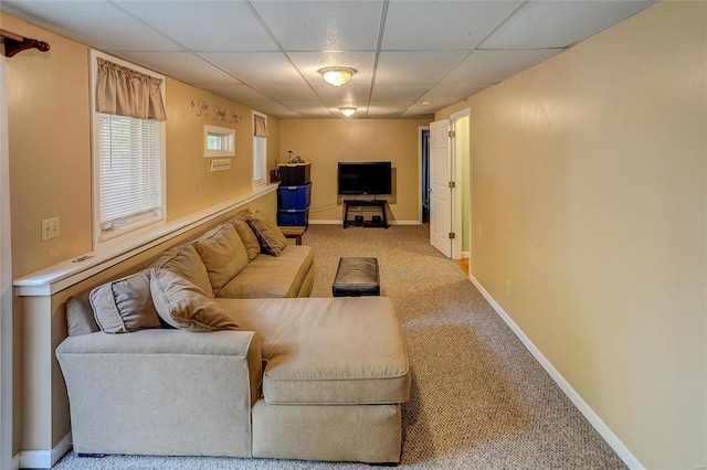 living room featuring carpet and a drop ceiling