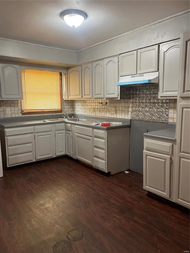 kitchen with white cabinets, dark hardwood / wood-style flooring, sink, and backsplash