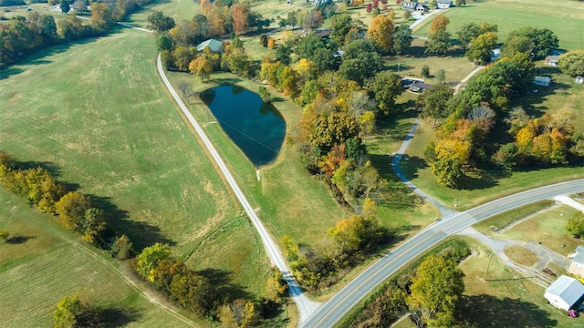 aerial view featuring a water view and a rural view