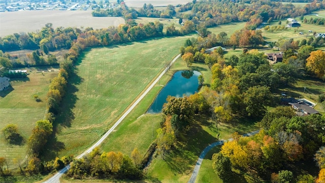 aerial view featuring a water view and a rural view