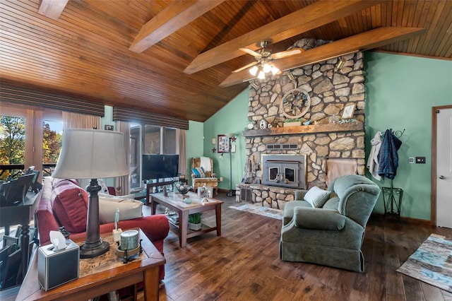 living room with a fireplace, wood ceiling, lofted ceiling with beams, ceiling fan, and dark hardwood / wood-style floors