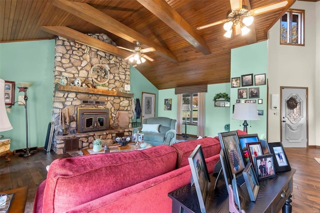 living room featuring vaulted ceiling with beams, wood ceiling, dark wood-type flooring, and ceiling fan