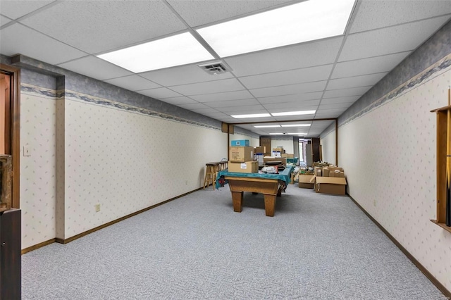 recreation room with a paneled ceiling, billiards, visible vents, carpet, and wallpapered walls