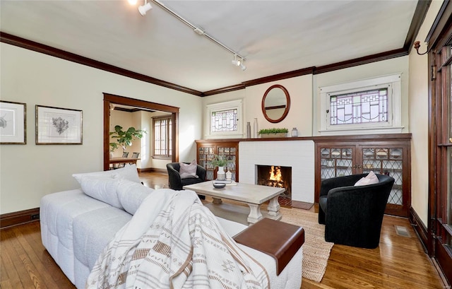 living room with crown molding, wood-type flooring, track lighting, and a brick fireplace