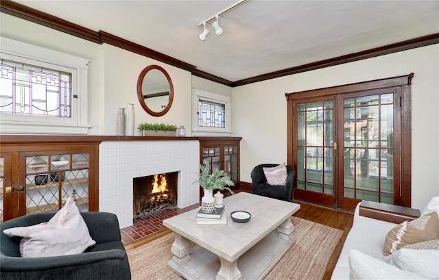 living room featuring crown molding, hardwood / wood-style flooring, track lighting, and a fireplace