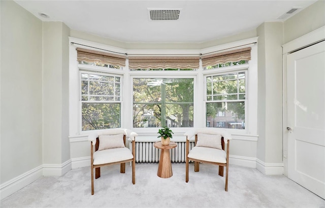 living area featuring light colored carpet and radiator heating unit