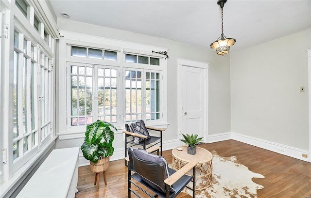 living area with french doors and wood-type flooring