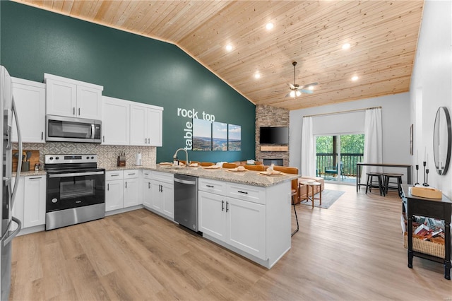 kitchen featuring appliances with stainless steel finishes, wood ceiling, white cabinetry, high vaulted ceiling, and light hardwood / wood-style flooring