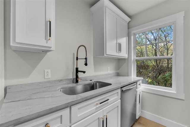 kitchen with white cabinetry, stainless steel dishwasher, sink, and plenty of natural light