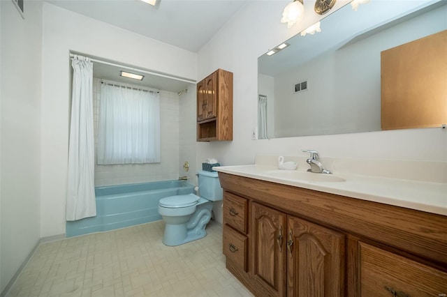 full bathroom featuring vanity, toilet, visible vents, and shower / bath combo with shower curtain