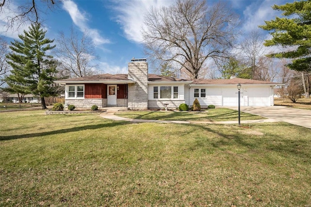 ranch-style home with driveway, stone siding, a front yard, a garage, and a chimney