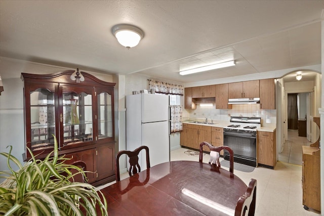 kitchen featuring tasteful backsplash, sink, and white appliances