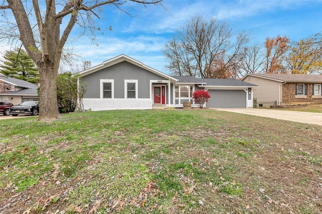 single story home with a front lawn and a garage