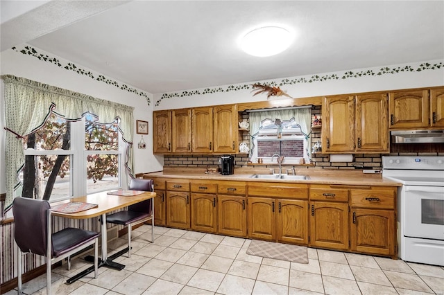 kitchen featuring sink, white stove, a healthy amount of sunlight, and tasteful backsplash