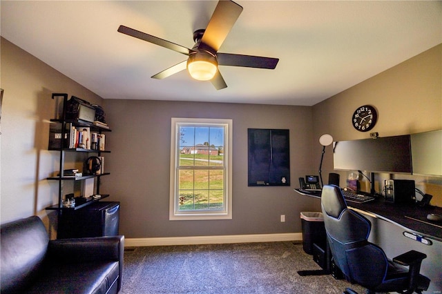 office area featuring carpet flooring and ceiling fan